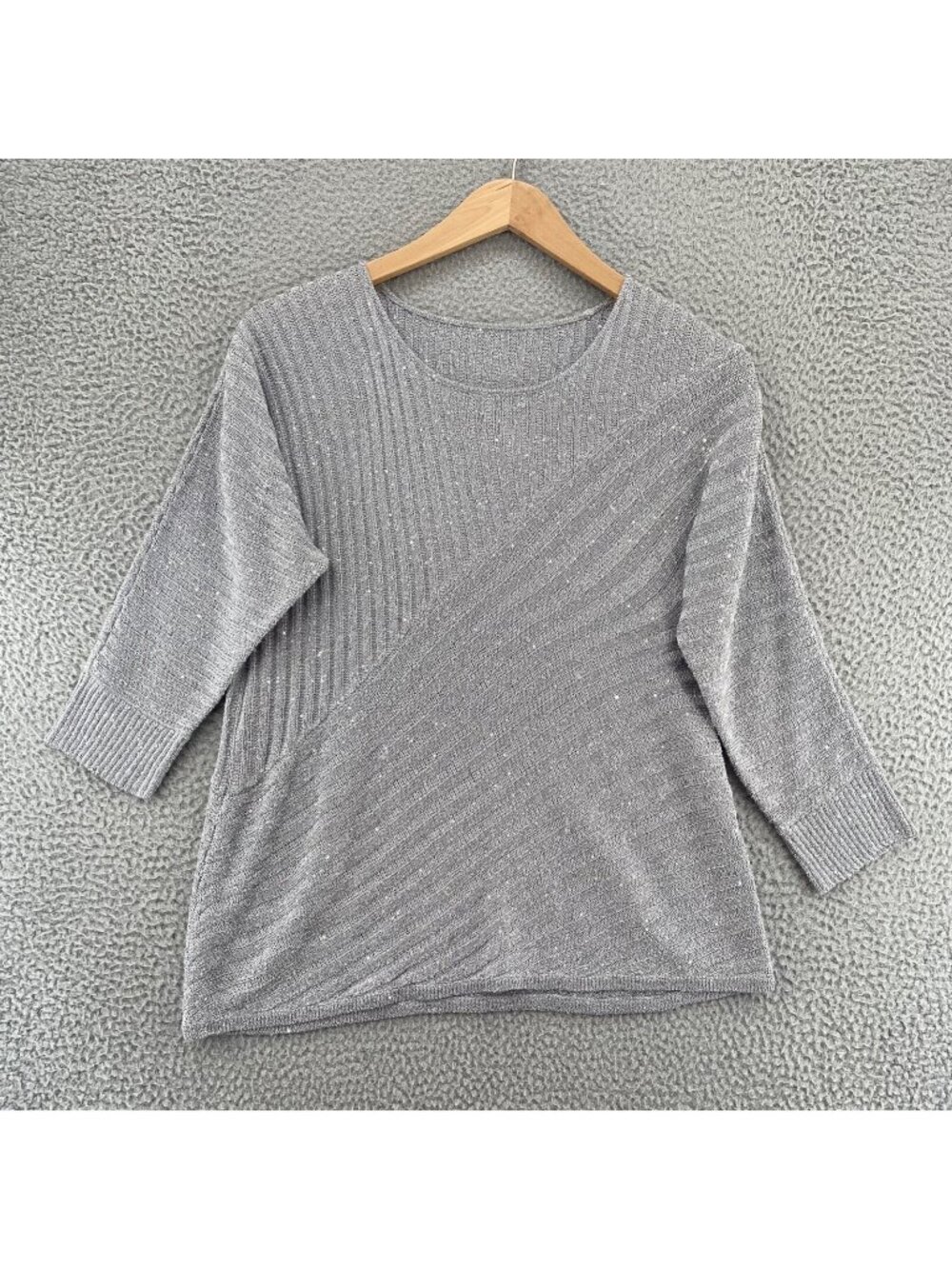 Chicos Sweater Womens 1 US Medium Silver Sequin 3/4 Dolman Sleeves Stretch Knit